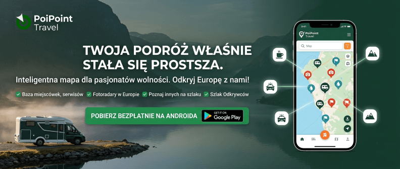 Baner aplikacji PoiPoint Travel - wyszukiwanie miejscówek dla kamperów, parkingów i noclegów